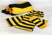 Шапка, варежки и шарф в полоску желтые