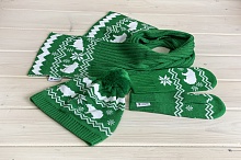 Шапка, варежки и шарф зеленые с рисунками